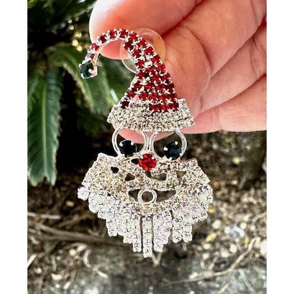 Rhinestone Santa Earrings Posts Handmade Jewelry  New 2" L  Festive Party - Picture 2 of 7